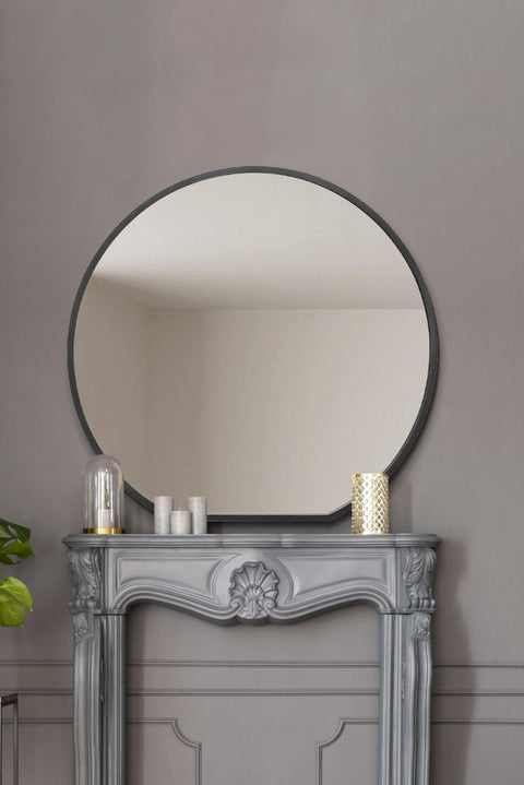 Aurora - Black Framed Flat Bottom Circular Wall Mirror - Perfect for the Mantle! 50" X 47" (126CM X 120CM)